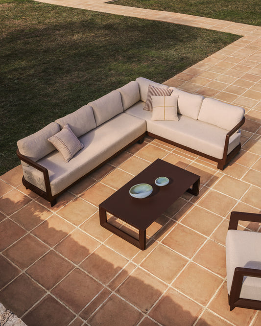 Nerano set with 5-seater corner sofa and coffee table in tempered glass and brown aluminium