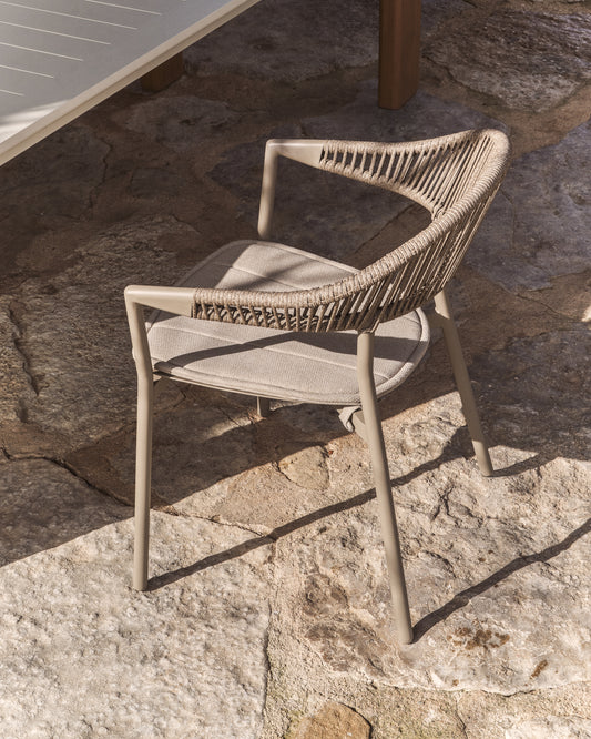 Livorno extendable table set in taupe aluminium with 6 Alimia chairs in taupe aluminium and brown synthetic rope cord 233 (350) x 100cm