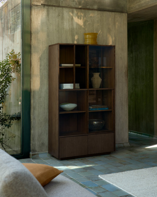 Helvine 4-door, 2-drawer display cabinet in ash veneer with walnut finish and tempered glass 100 x 174cm FSC 100%