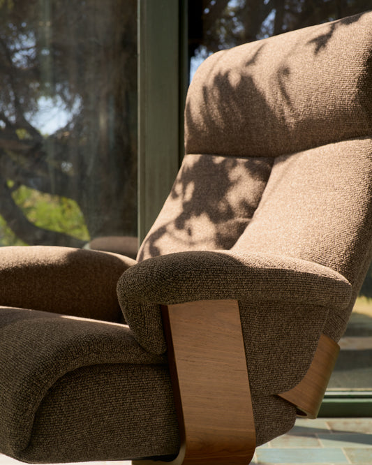 Toriel chocolate brown micro bouclé reclining swivel armchair with footrest and black-finish aluminium legs FSC 100%