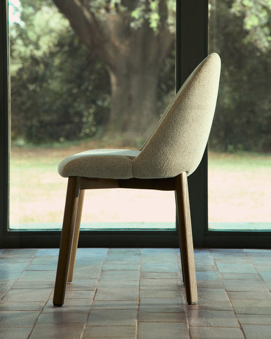 Meila chair in beige chenille with legs in solid ash wood with walnut finish
