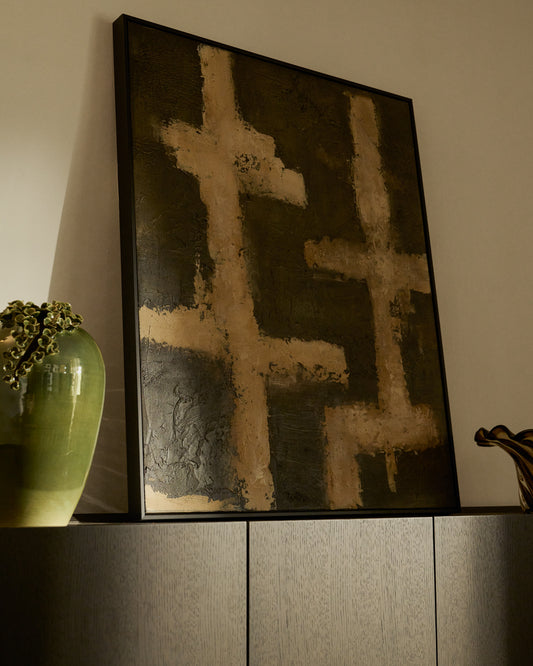 Emeri hand-painted abstract picture in olive green and beige 80 x 100cm