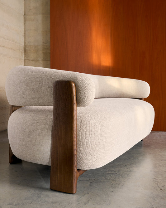Granite 2-seater sofa in beige chenille with solid ash wood legs with walnut finish 155cm FSC 100%