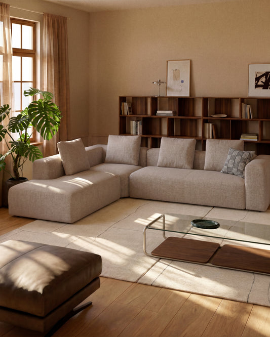 Blok beige chenille 5-seater corner sofa with right terminal 320 x 255cm FSC Mix Credit