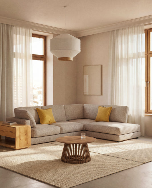Gala 5-seater corner sofa with end module left side in beige micro bouclé FSC Mix Credit 225 x 300cm