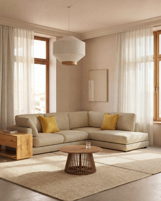 Gala 5-seater corner sofa with end module right side in beige chenille FSC Mix Credit 300 x 225cm