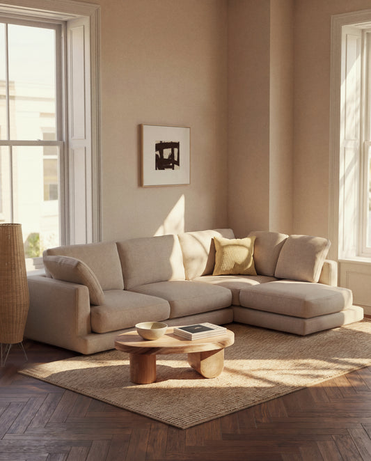Gala beige 4-seater sofa in micro bouclé with left chaise longue FSC Mix Credit 300cm