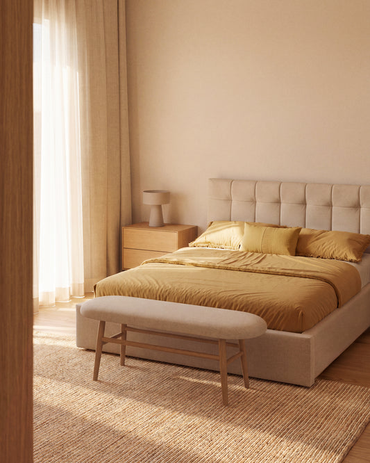Helda bench in beige chenille and solid oak wood FSC Mix Credit 122 cm