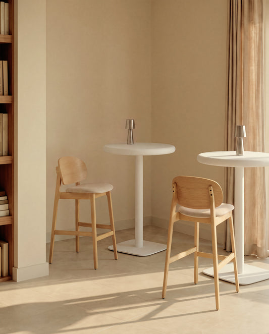 Ludara stool in oak veneer and beige chenille 65cm