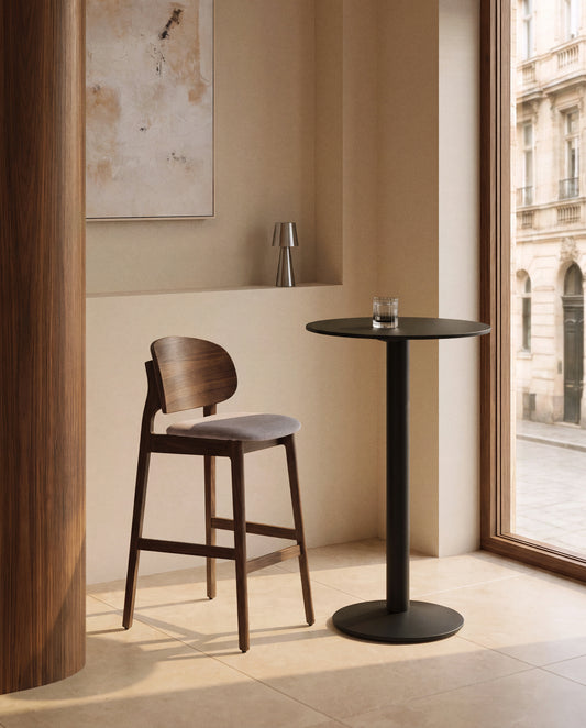 Ludara stool in oak veneer with walnut finish and brown chenille 65cm