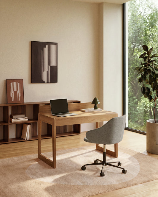 Einara grey chenille desk chair with black steel legs