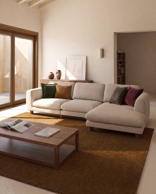 Vera beige 4-seater sofa with right-hand chaise longue with walnut-finish solid ash wood legs 322 cm FSC Mix Credit