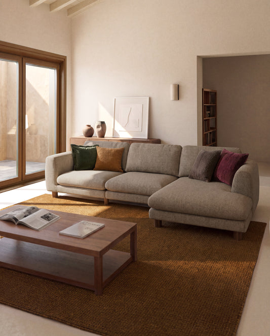 Vera light brown 4-seater sofa with left-hand chaise longue with walnut-finish solid ash wood legs 322 cm FSC Mix Credit