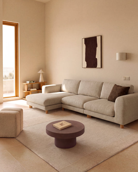 Vera beige 4-seater sofa with left-hand chaise longue with natural-finish solid ash wood legs 322 cm FSC Mix Credit