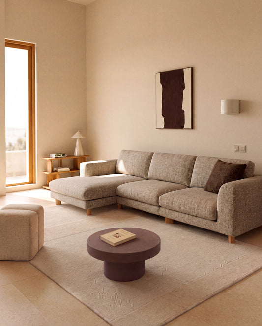 Vera light brown 4-seater sofa with left-hand chaise longue with natural-finish solid ash wood legs 322 cm FSC Mix Credit