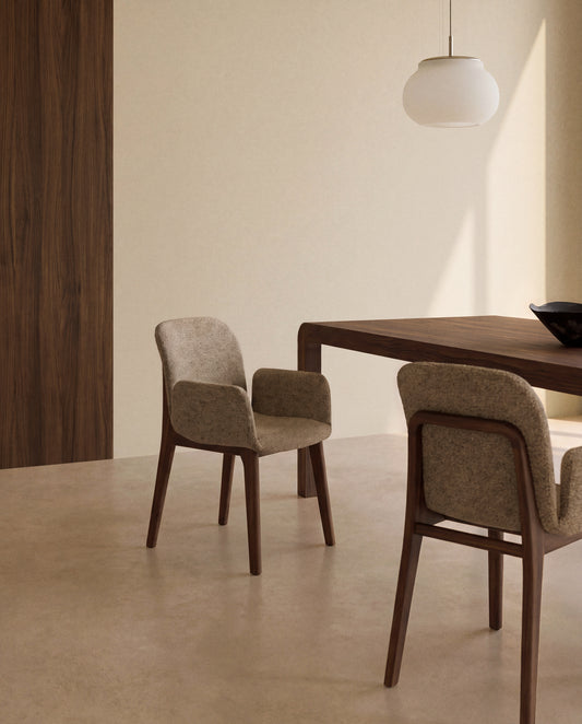 Elnor chair with armrests in brown chenille with solid oak wood legs in a walnut finish