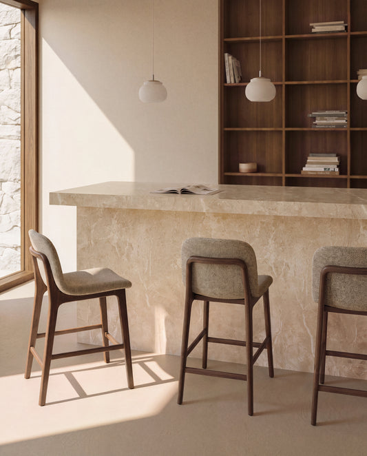 Elnor stool in brown chenille with solid oak wood legs in a walnut finish 65cm