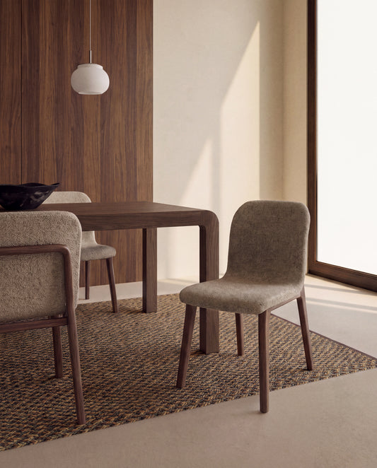 Elnor flame-retardant chair in brown chenille with solid oak wood legs in a walnut finish