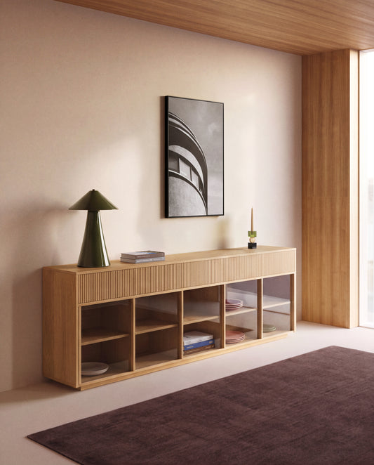 Helvine 5-door, 5-drawer sideboard in oak veneer and tempered glass 242x80cm FSC 100%