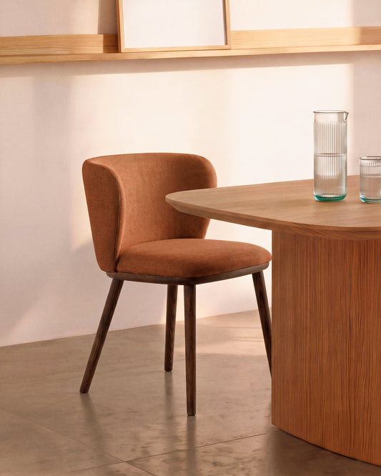 Ciselia flame-retardant terracotta thick chenille chair with solid ash wood legs with walnut-coloured finish FSC Mix Credit