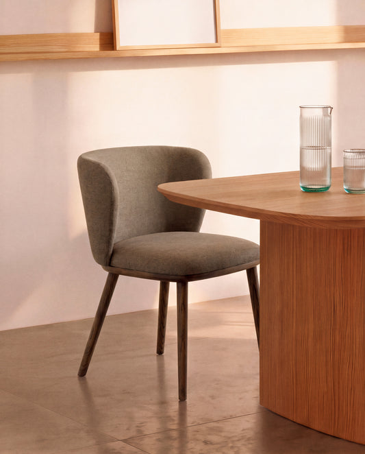 Ciselia flame-retardant chair brown chenille and solid ash wood natural tone finish FSC Mix Credit