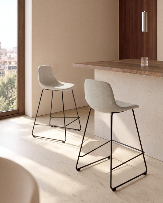 Zahara stool in beige chenille with steel legs with black finish 65cm FSC 100%
