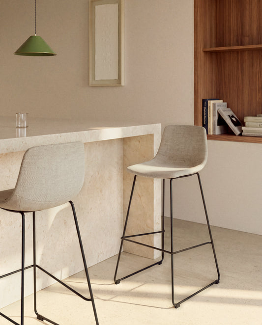 Zahara stool in beige chenille with steel legs with black finish 65cm FSC 100%