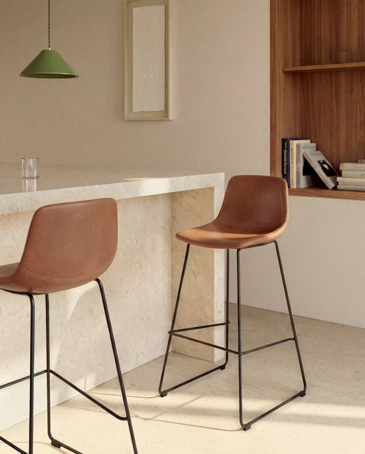 Zahara stool in brown polyurethane with steel legs with black finish 65cm FSC 100%