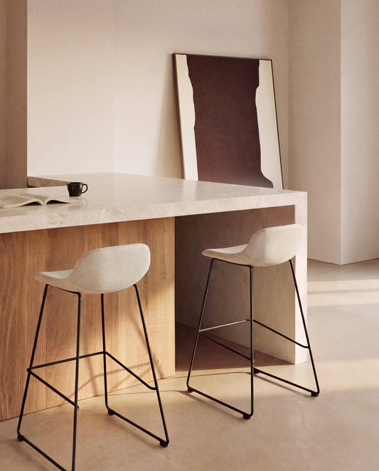 Zahara stool in beige chenille with steel legs with black finish 65cm FSC 100%