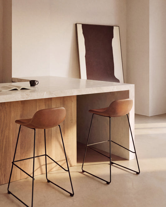Zahara stool in brown polyurethane with steel legs with black finish 65cm FSC 100%