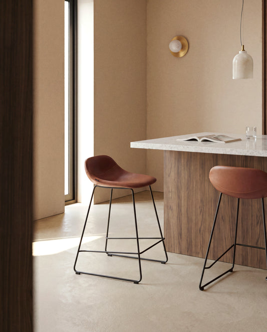 Zahara stool in brown polyurethane with steel legs with black finish 76cm FSC 100%