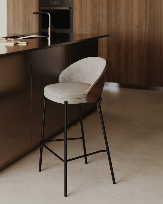 Eamy stool in light brown chenille with ash veneer in walnut finish and black metal 65 cm