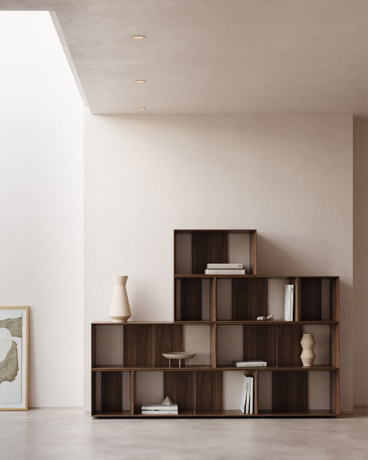 Litto set of 9 modular shelving units in walnut wood veneer, 202 x 114 cm