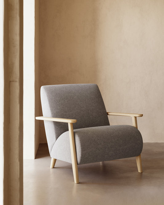 Meghan armchair in grey with solid ash legs with natural finish