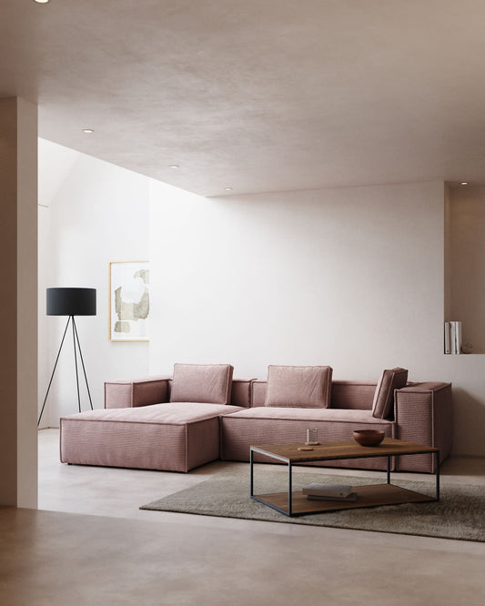 Blok 3 seater sofa with left side chaise longue in pink wide seam corduroy, 300 cm