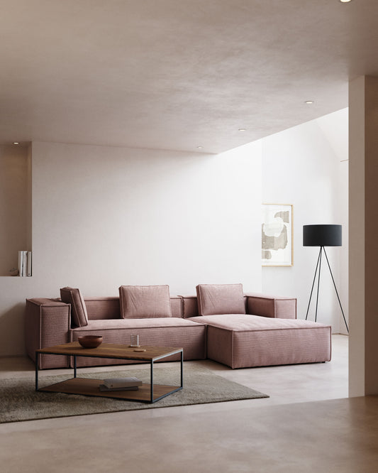 Blok 3 seater sofa with right side chaise longue in pink wide seam corduroy, 300 cm