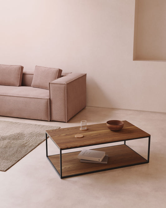 Yoana coffee table with oak walnut veneer and painted black metal structure, 110 x 60 cm