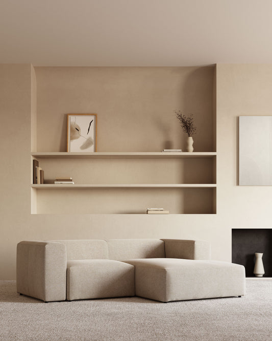 Blok fire-retardant 2-seater sofa with right chaise longue in beige chenille 240cm