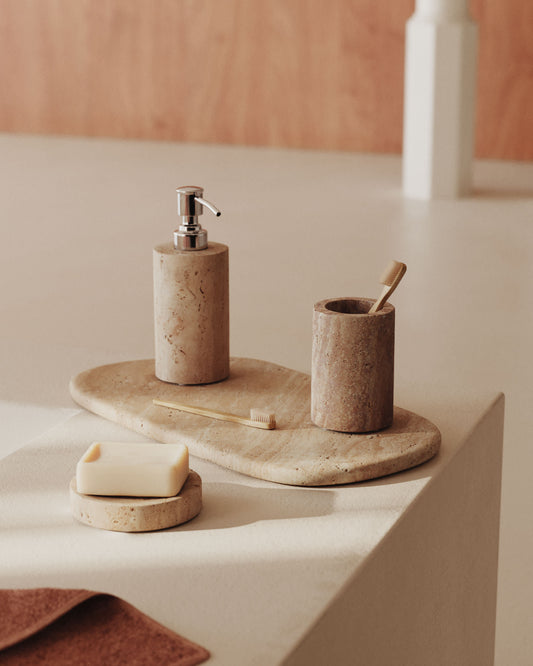 Macre beige travertine soap dish