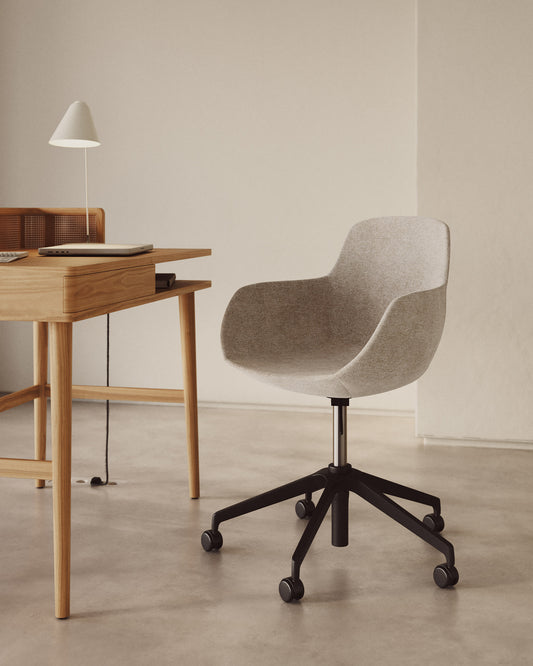 Tissiana desk chair in brown faux leather and aluminium with matte black finish