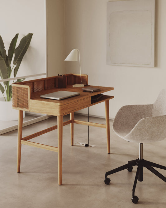 Araxi table in veneer, solid ash wood and rattan 105 x 62 cm