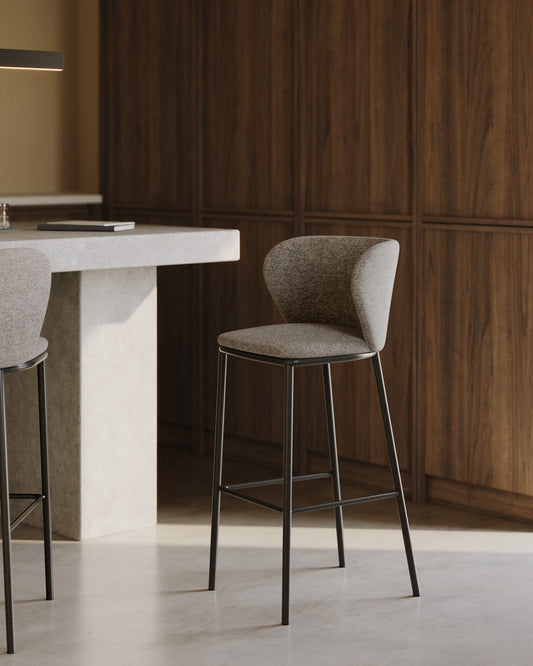 Ciselia stool in light brown chenille and black steel, 75 cm FSC Mix Credit