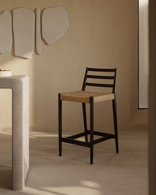 Analy stool with a backrest in solid oak wood in a black finish and rope cord seat, 65 cm, FSC 100%