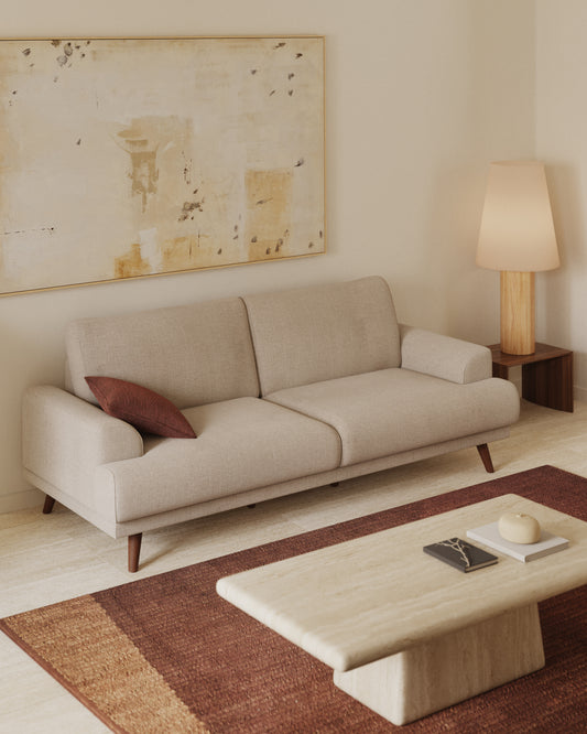 Karin 2 seater sofa in beige with solid beech wood legs, 210 cm