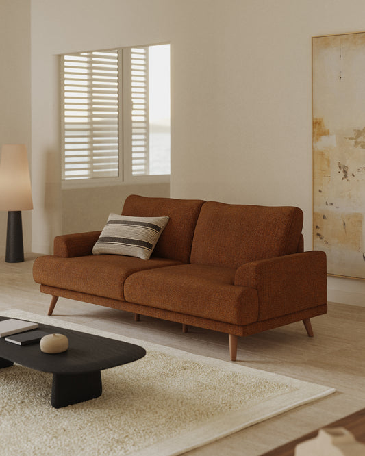 Karin 2-seater sofa dark orange with solid beech wood legs with natural finish, 210 cm