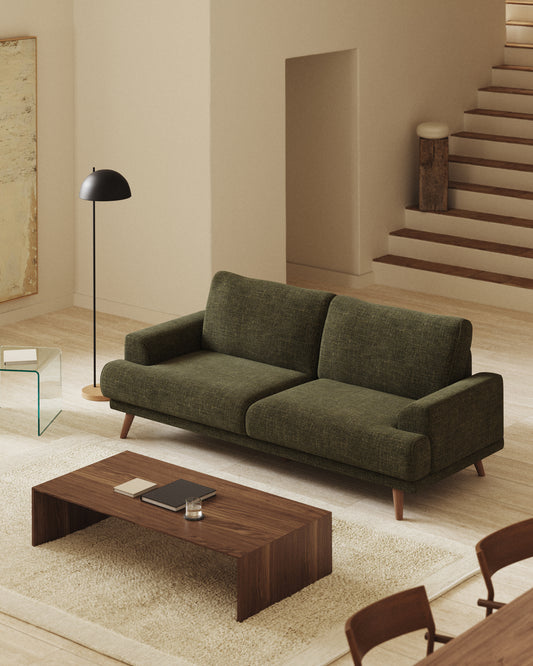 Karin 2-seater sofa green with solid beech wood legs with natural finish, 210 cm