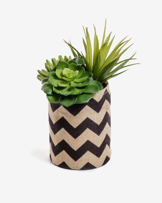 Artificial Suculenta mix in natural and black raffia pot