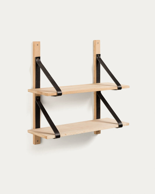 Nazeli wall shelf unit made from solid birchand black leather 60 x 60 cm