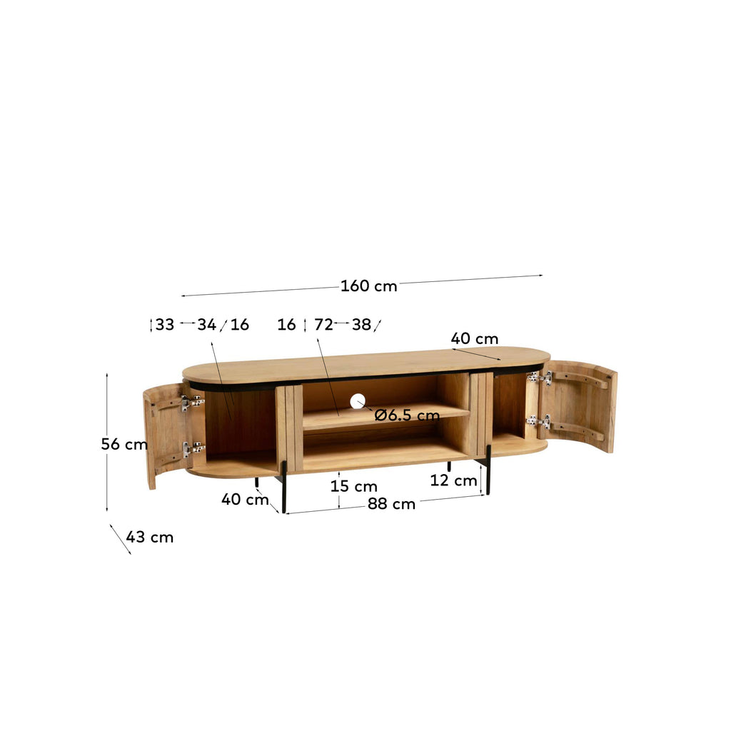 Licia solid mango wood TV stand with 2 doors and black finish metal, 160 x 56 cm