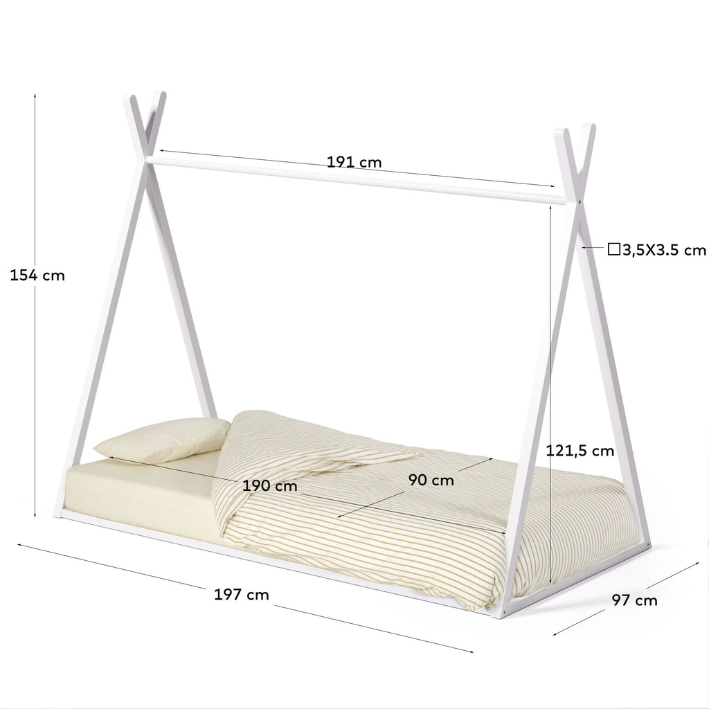 Maralis teepee bed made of solid beech wood with a white finish, for 90 x 190 cm mattresses